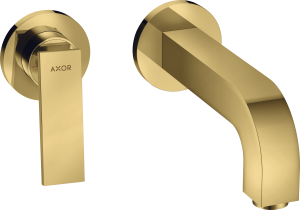 AXOR Citterio Jednouchwytowa bateria umywalkowa ścienna do montażu podtynkowego z uchwytem dźwigniowym i rozetami, wylewka 220 mm, element zewnętrzny Złoty Optyczny Polerowany