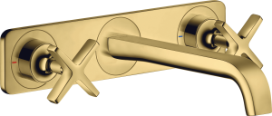 AXOR Citterio E 3-otworowa bateria umywalkowa z wylewką 220 mm i płytką, montaż ścienny podtynkowy, element zewnętrzny Złoty Optyczny Polerowany