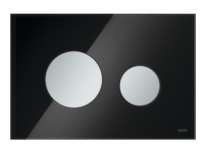 TECE TECEloop przycisk spłukujący do WC ze szkła, spłukiwanie dwoma ilościami wody, szkło czarne połysk, przyciski chrom matowy