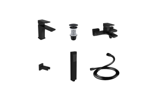 Zestaw promocyjny Keria set 04 czarny mat - bateria umywalkowa, bateria wannowo-prysznicowa, korek umywalkowy klik-klak, słuchawka prysznicowa Tor z wężem Regular oraz mocowaniem